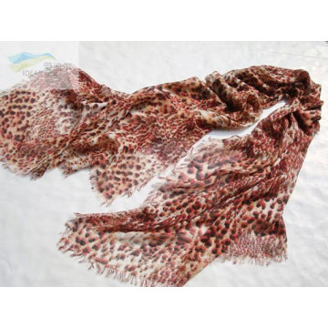 Leopard Chiffon Long Scarf with Tassels-Brick Red/Scarf